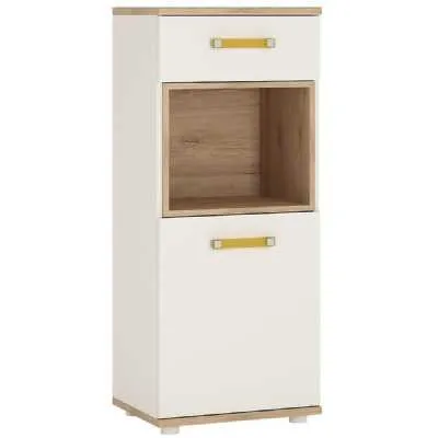 Kids Oak and White High Gloss 1 Door 1 Drawer Narrow Cabinet Cupboard