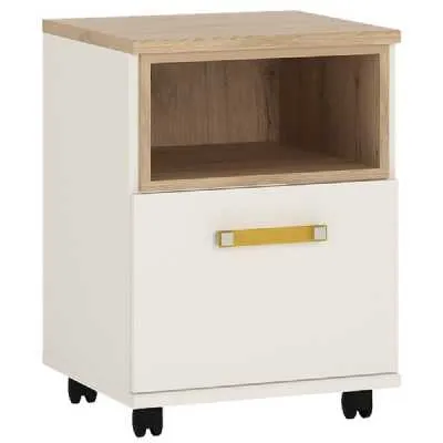 Kids Light Oak and White High Gloss 1 Door Mobile Chest Open Shelf Orange Handle