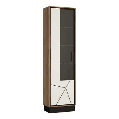 Bold Geometric Tall Glazed Walnut Dark Panel Finish Display Cabinet LHD