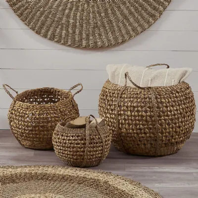 Woven Water Hyacinth Set of 3 Handled Round Storage Baskets