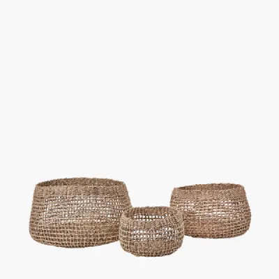 Set of 3 Open Weave Natural Seagrass Round Storage Baskets