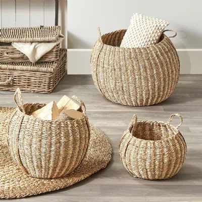 Woven Striped Seagrass and Palm Leaf Set of 3 Round Baskets