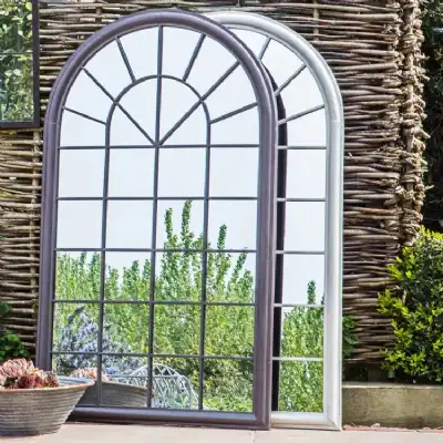 Outdoor Garden Multi Window Pane Arched Top Wall Mirror Distressed Brown Painted 131x75cm