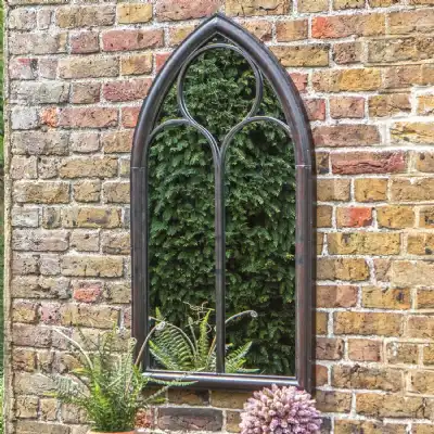 Brown Arched Outdoor Metal Window Wall Mirror