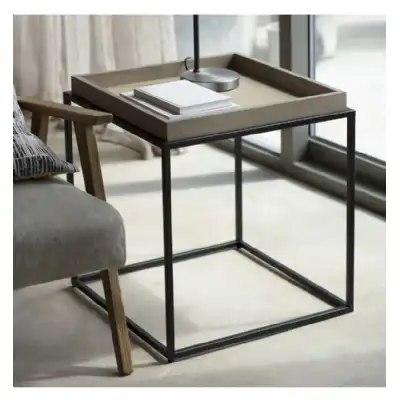 Grey Finish Oak Wood And Metal Tray Side Table