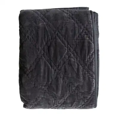 Hand Quilted Charcoal Cotton Velvet Diamond Stitched Bedspread