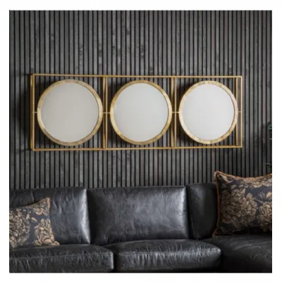 Large 3 Round Brass Gold Mirrors in Rectangular Frame