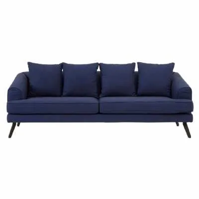 3 Seater Navy Blue Fabric Large Sofa With Black Metal Angled Legs