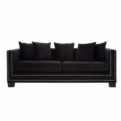 Large Modern 3 Seater Black Velvet Fabric Sofa With Metal Studs Trim