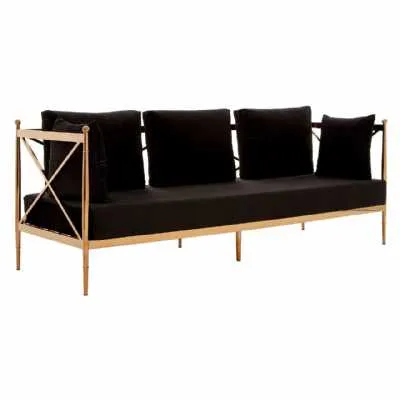 3 Seater Black Fabric Upholstered Rose Gold Lattice Arms Sofa