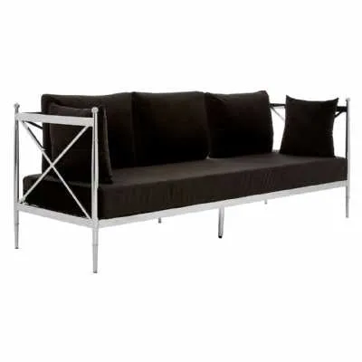 Modern 3 Seater Black Fabric Upholstered Silver Lattice Arms Sofa