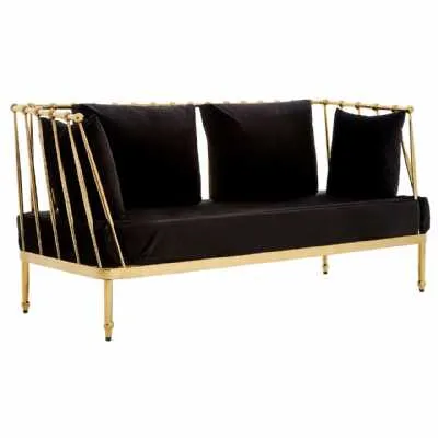 2 Seater Black Fabric Upholstered Gold Finish Tapered Arms Sofa