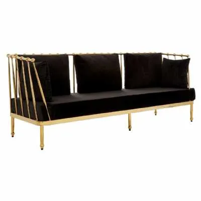 3 Seater Black Fabric Upholstered Gold Finish Tapered Arms Sofa
