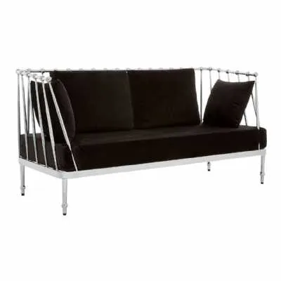 2 Seater Black Fabric Upholstered Silver Finish Tapered Arms Sofa
