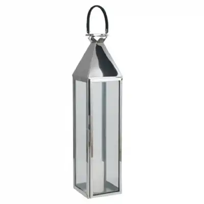 Shiny Nickel Stainless Steel and Glass Large Square Lantern