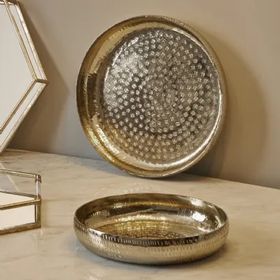 Set of 2 Gold Hammered Metal Round Serving Bowls