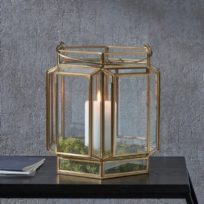 Brass Metal and Glass Hexagon Wide Lantern