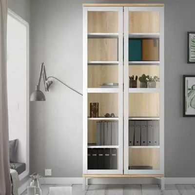 White and Medium Oak Glazed Double Glass Display 2 Door Cabinet