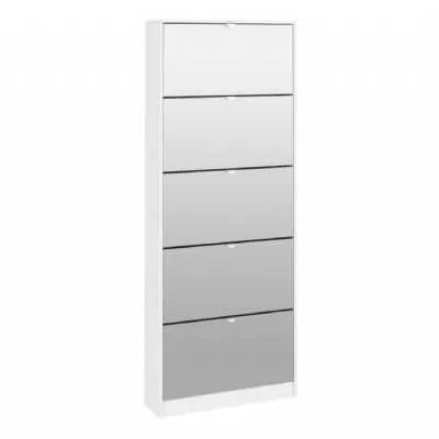 White Shoe Rack Storage Cabinet with 5 Mirror Tilting Doors