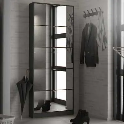 Black Shoe Storage Cabinet with 5 Mirrored Glass Tilting Doors