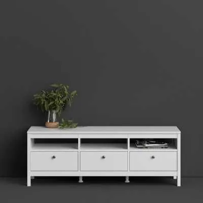 Large White Wooden TV Media Unit with 3 Drawers