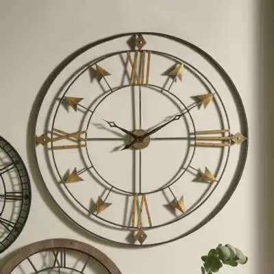 Gold and Grey Metal Large Round Wall Clock