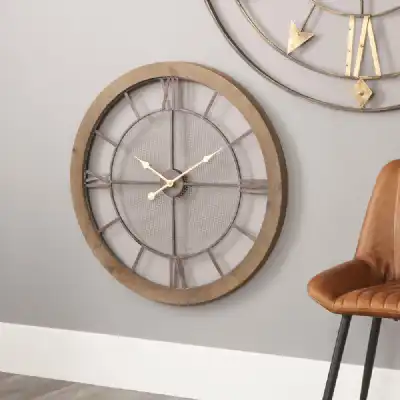 Wood and Metal Industrial Large Round Wall Clock