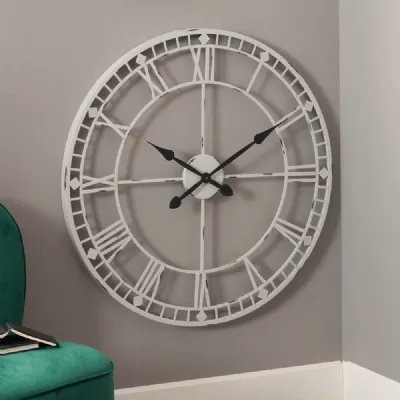 Large Round Distressed Grey Metal Skeletal Wall Clock