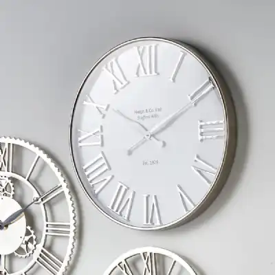 Silver and White Metal Round 61cm Wall Clock Roman Numerals