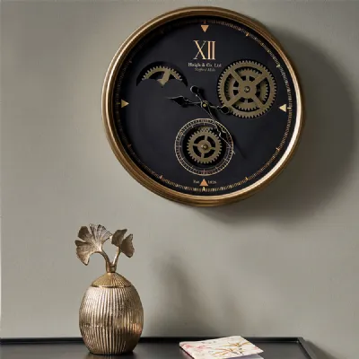 Black and Champagne Gold Trimmed Metal Cogs Wall Clock