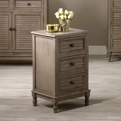 Taupe Pine Wood 3 Drawer Louvered Bedside