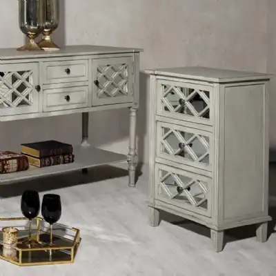 Grey Wood Mirrored 3 Drawer Patterned Bedside Chest