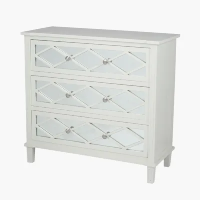 Ivory Mirrored Wood Wide Chest of 3 Patterned Drawers