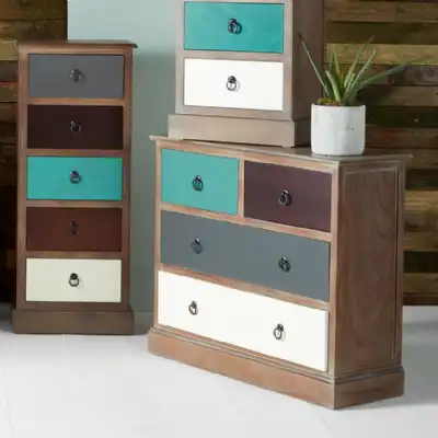 Multicoloured Pine Industrial Chest of 4 Drawers