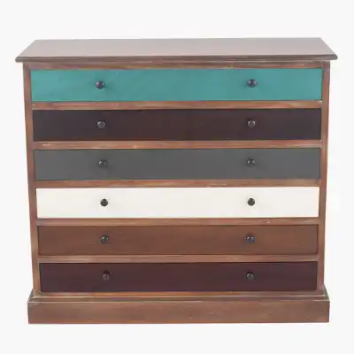 Modern Multi Coloured Pine Wood Large 6 Drawer Storage Unit