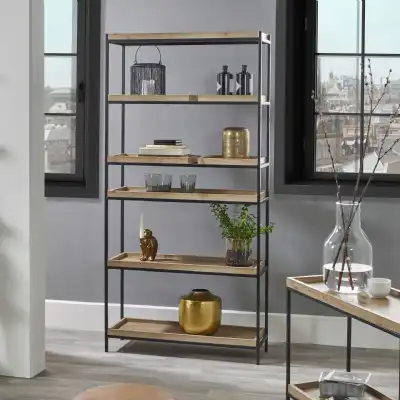 Black Metal and Wood Tall Open Shelving Display Unit