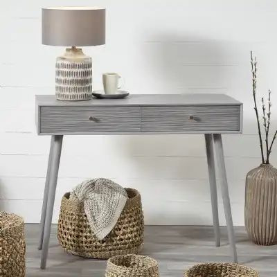 Grey Pine Wood Console Table with 2 Textured Drawers