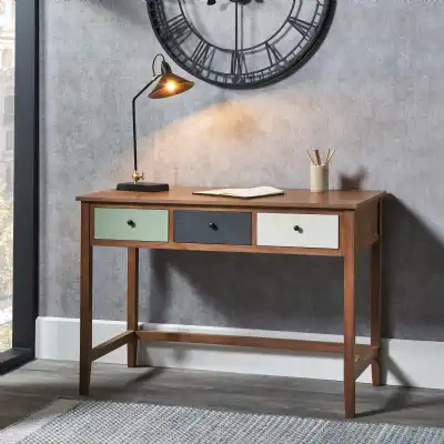 Natural and Sage Multicoloured Pine Wood 3 Drawer Desk Table