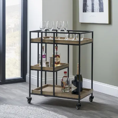 Natural Wooden 3 Shelf Drinks Bar Trolley with Metal Frame