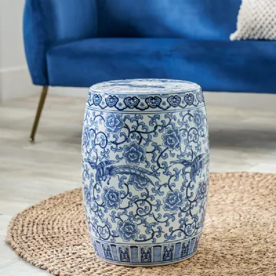 Modern Style Blue and White Floral Designed Ceramic Stool