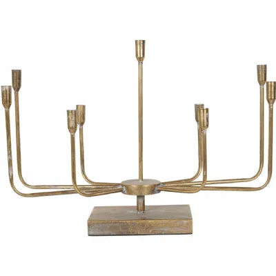 Classic Antique Gold Metal 9 Candle Wide Candelabra