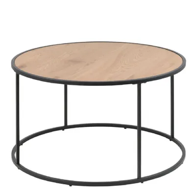 Seaford Black Metal Round Coffee Table with Oak Top