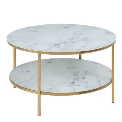 Alisma Round Coffee Table with Marble Effect Top & Gold Legs