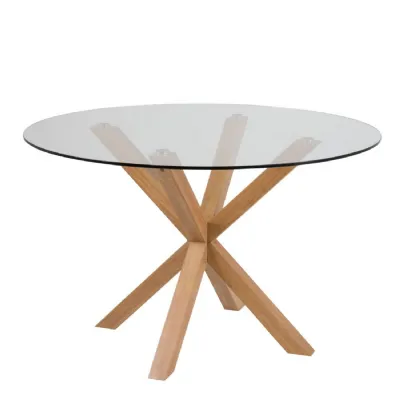 Heaven Round Dining Table with Clear Glass Top and Oak Legs