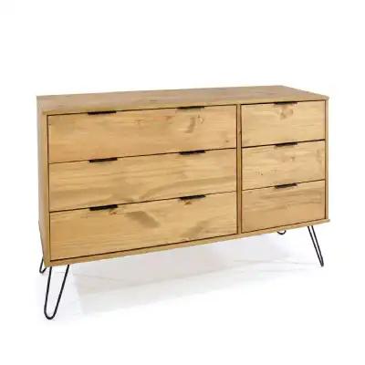 Scandi Industrial Solid Waxed Pine Wide Chest of 6 Drawers On Metal Hairpin Legs 119cm