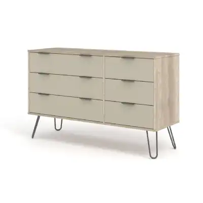 Cream 6 Drawer Wide Chest of Drawers Driftwood Finish Metal Hairpin Legs