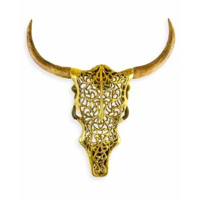 Gold and Wood Horn Bison Wall Head
