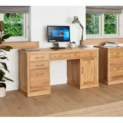 Light Oak Twin Pedestal Computer Desk With PC Cupboard and Filing Drawer