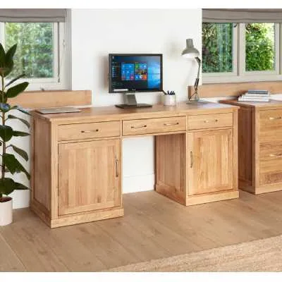 Light Oak Large Hidden Home Office Twin Pedestal Computer Desk Dressing Table