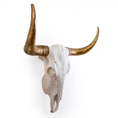 White Bison Skull Wall Sculpture with Gold Horns